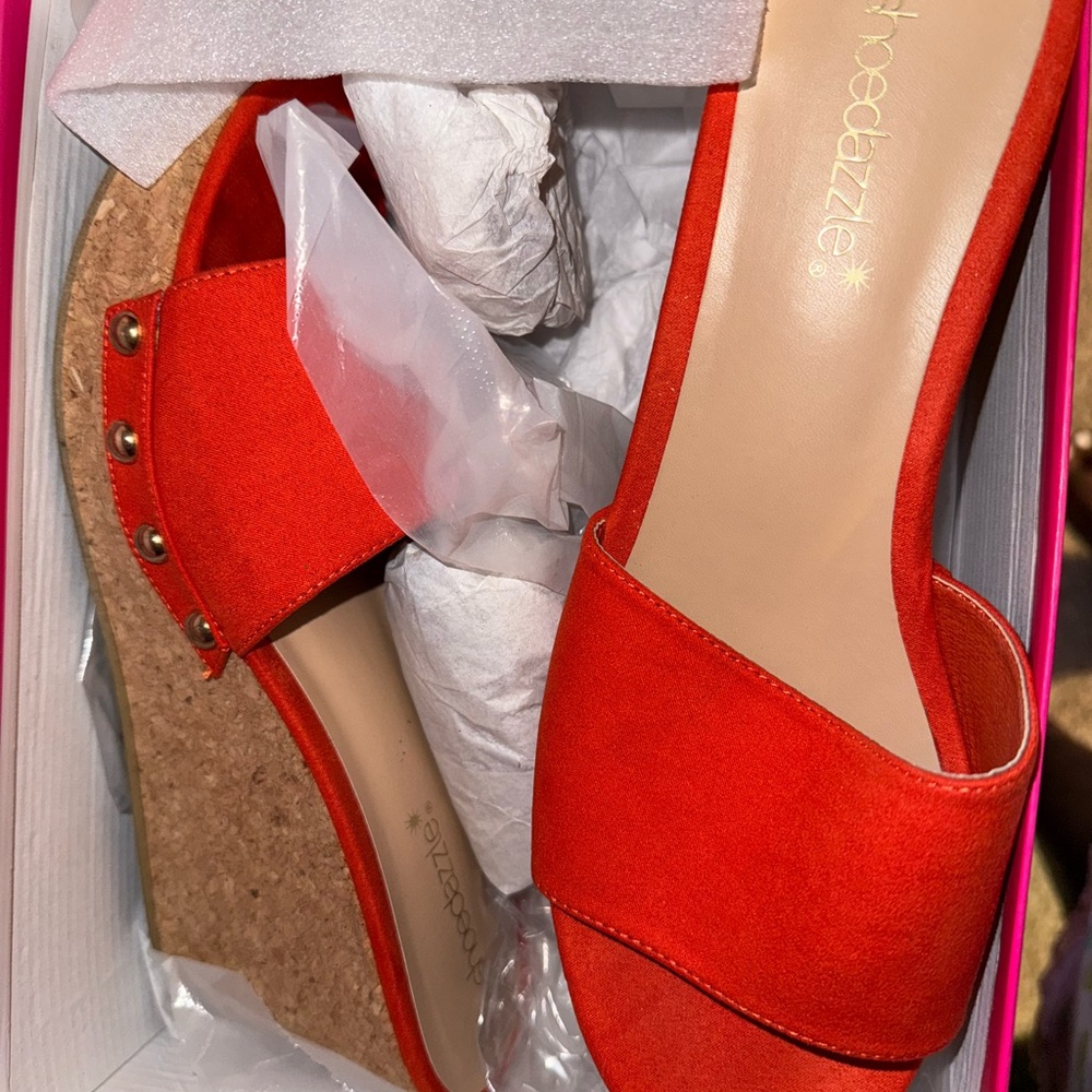 Shoe Dazzle Vibrant Red Wedge Sandals